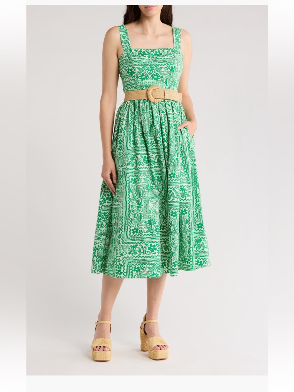 Eliza J Print Belted Sleeveless Midi Dress green print size 6 NWT